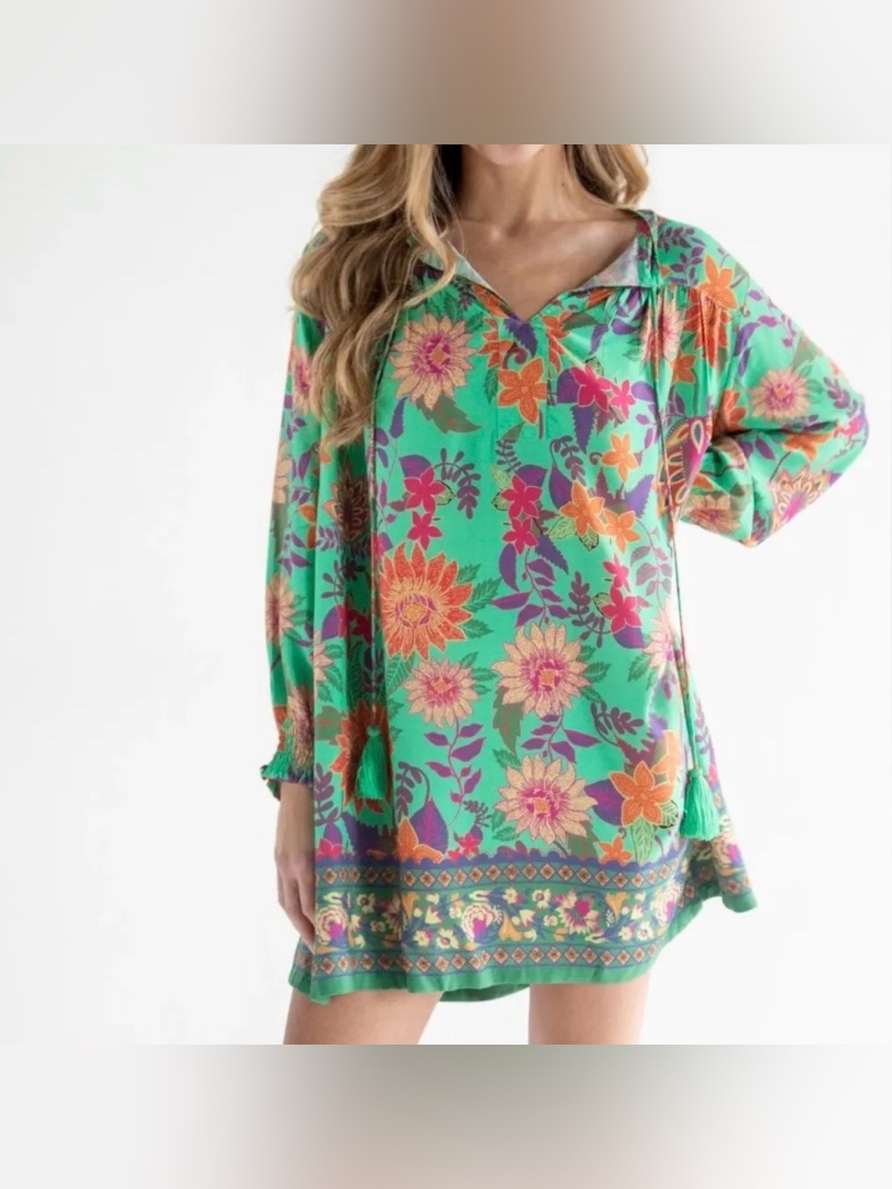 Natural Life Dara V-Neck Mini Dress Floral Boho Peasant Botanical Artsy Flowy